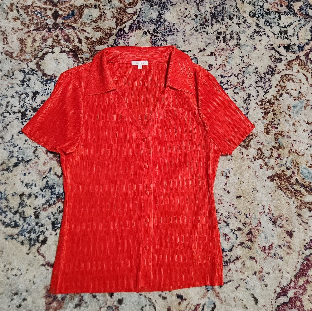 Pleoine Short Sleeve Button-Up Crinkle Blouse Vivid Orange Size Large